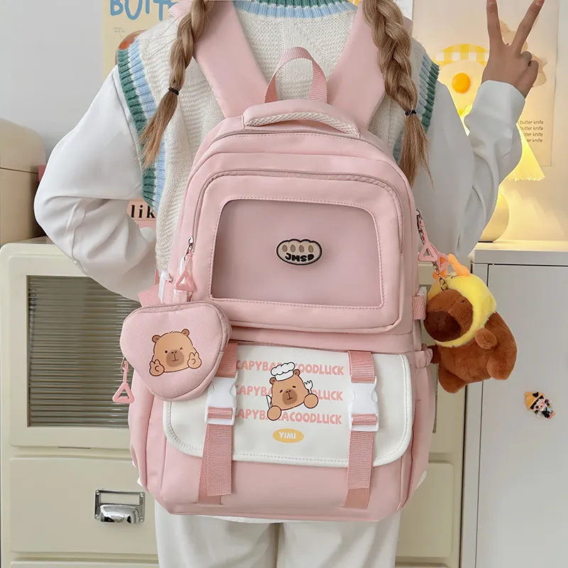 Deli Bear Polyester Backpack Unisex Pink/White/Yellow/Khaki/Black-9