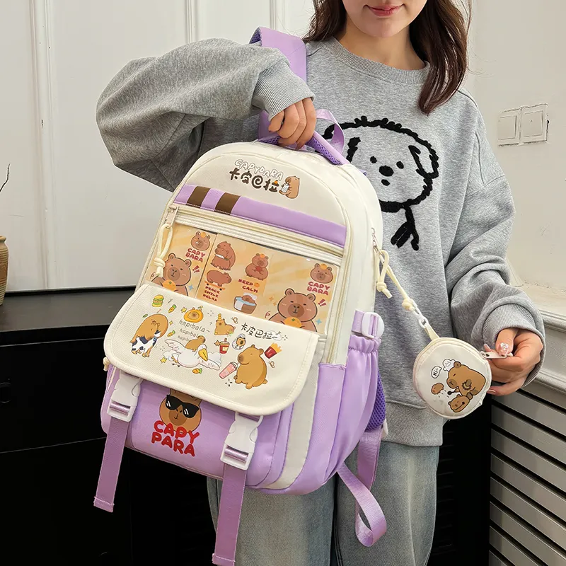 Deli Bear Nylon Fabric Backpack Regular Unisex Pink/Purple/Brown/Black/Blue-3