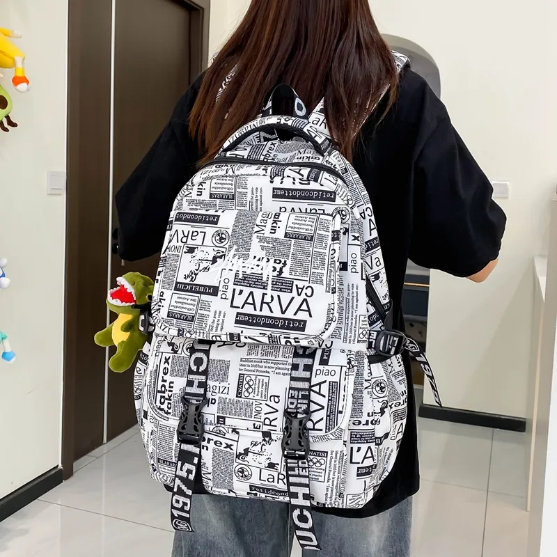 Deli Bear Nylon Fabric Backpack Large Size Unisex Green/Multicolor/White/Black White-3