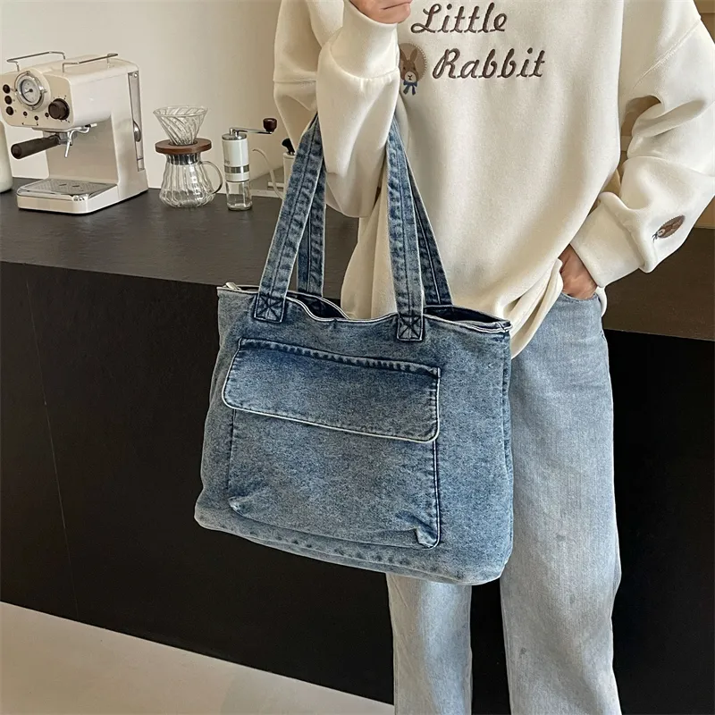 OUZIHUANG Denim One Shoulder Handbag Women's Dark Tea/Blue-10