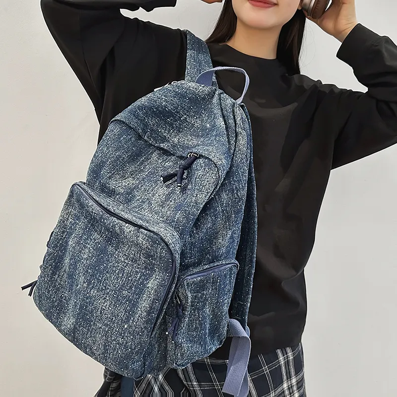 OUZIHUANG Denim Backpack Regular Unisex Black/Dark Blue/Light Blue-8