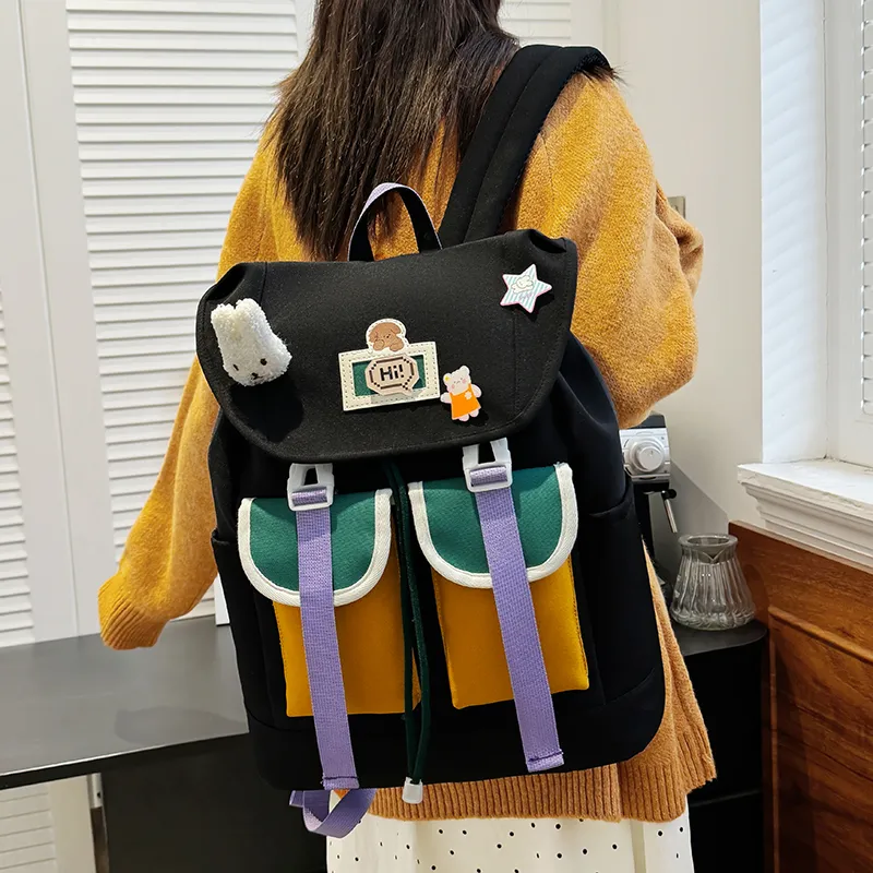 Deli Bear Nylon Fabric Backpack Women's Taro Purple \ Night Black \ Vintage Green-7