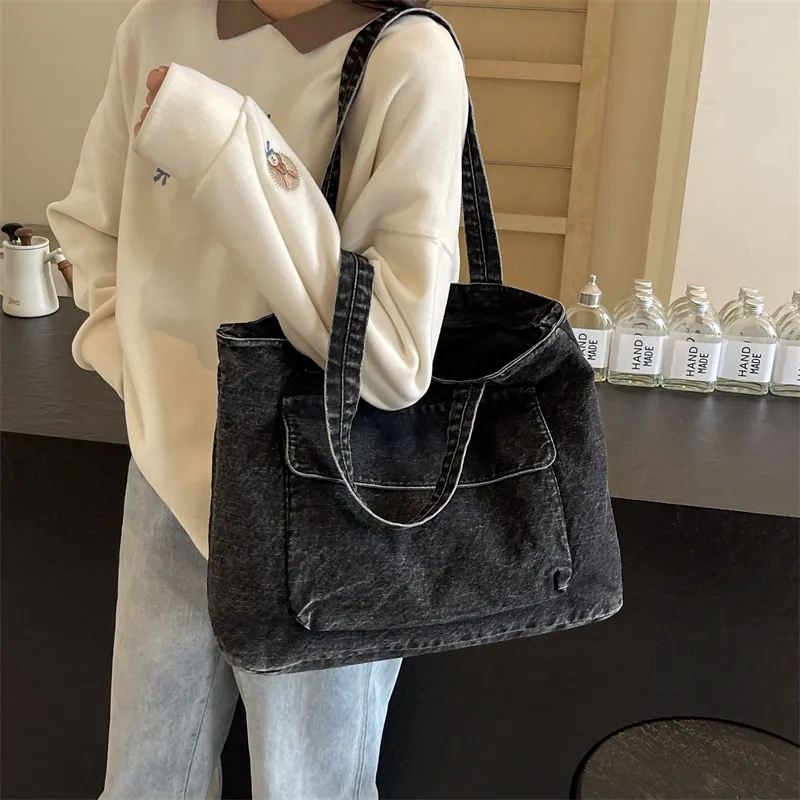 OUZIHUANG Denim One Shoulder Handbag Women's Dark Tea/Blue-7