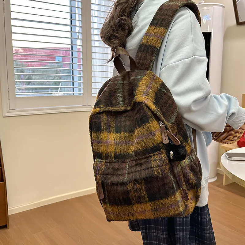 OUZIHUANG Woolen Backpack Regular Women's Pink/Green/Brown/Purple-13