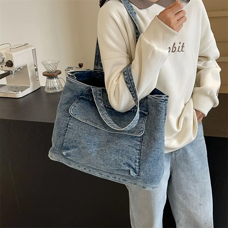 OUZIHUANG Denim One Shoulder Handbag Women's Dark Tea/Blue-11