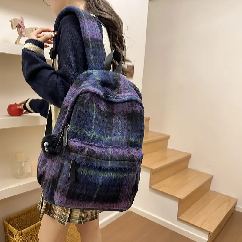 OUZIHUANG Woolen Backpack Regular Women's Pink/Green/Brown/Purple-19