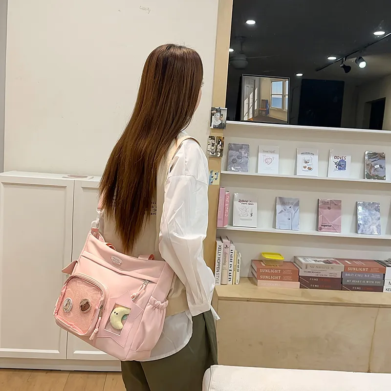 OUZIHUANG Nylon With PVC Shoulder Bag Unisex Black/Pink/Yellow/White/Blue-5
