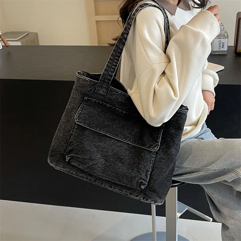 OUZIHUANG Denim One Shoulder Handbag Women's Dark Tea/Blue-8