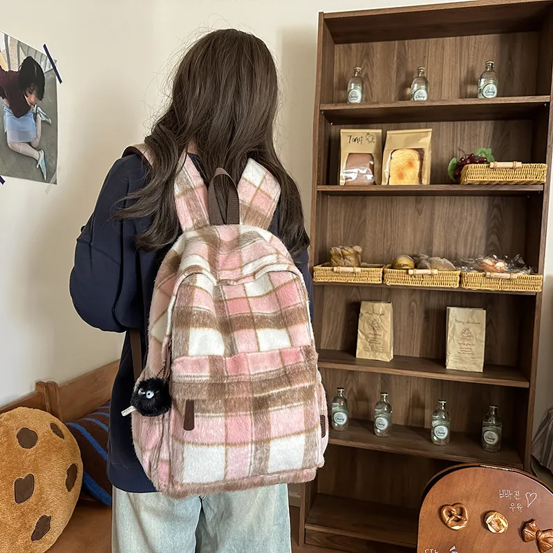 OUZIHUANG Woolen Backpack Regular Women's Pink/Green/Brown/Purple-4