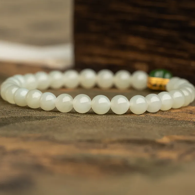 Xianyuan Single Wrap, Beaded Bracelet Pale Greenish White Jade Unisex-3