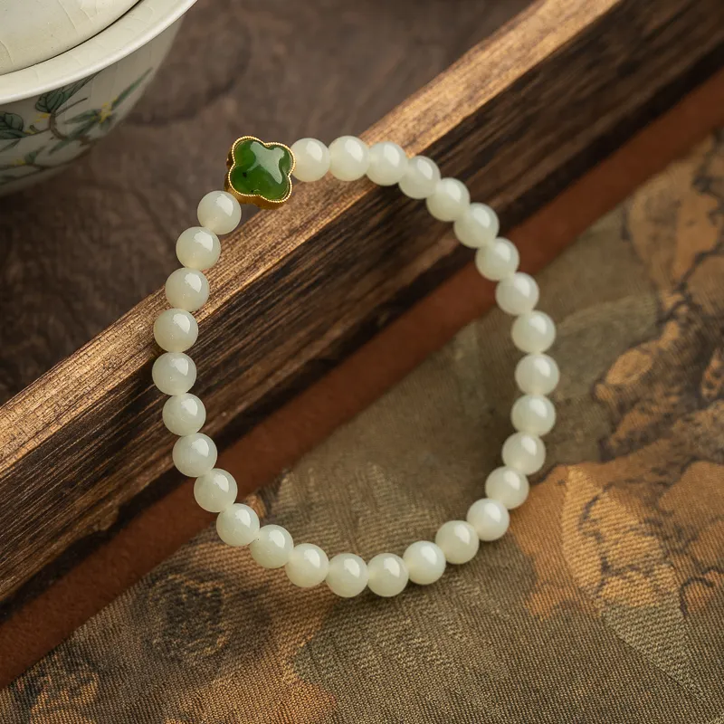 Xianyuan Single Wrap, Beaded Bracelet Pale Greenish White Jade Unisex-2