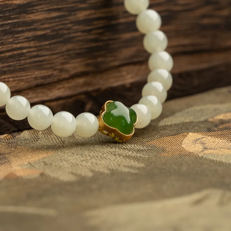 Xianyuan Single Wrap, Beaded Bracelet Pale Greenish White Jade Unisex-7