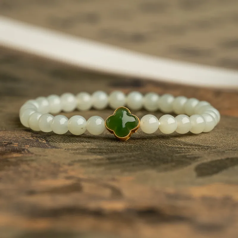 Xianyuan Single Wrap, Beaded Bracelet Pale Greenish White Jade Unisex-4