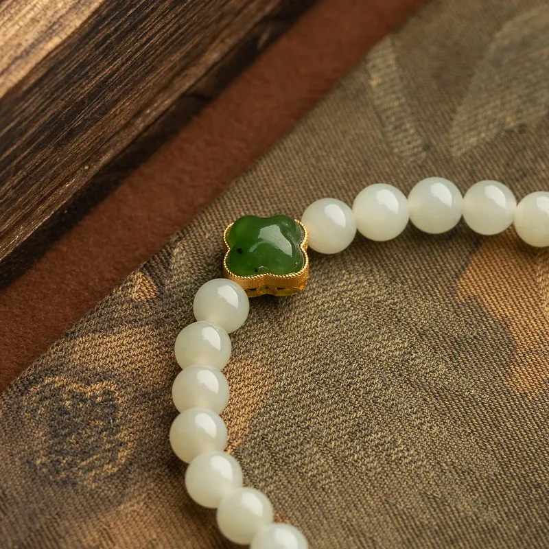 Xianyuan Single Wrap, Beaded Bracelet Pale Greenish White Jade Unisex-6