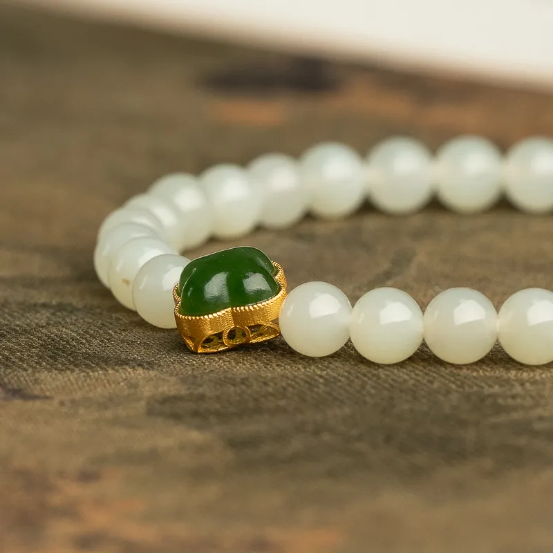 Xianyuan Single Wrap, Beaded Bracelet Pale Greenish White Jade Unisex-5