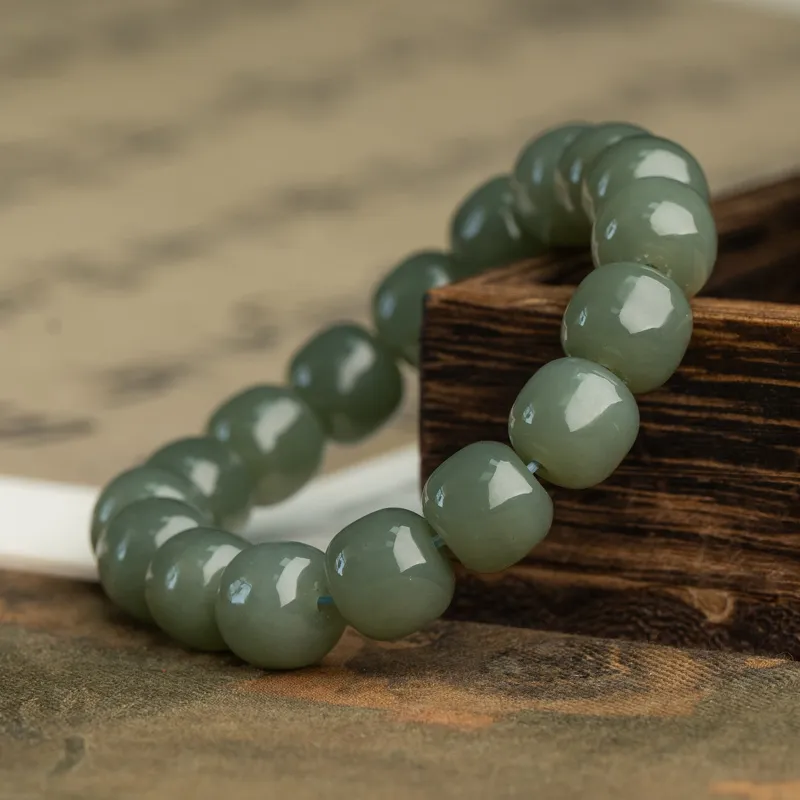 Xianyuan Hetian Jade Single Wrap Beaded Bracelet Unisex Green Jade-3