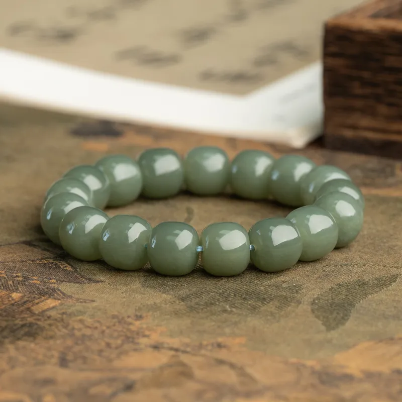 Xianyuan Hetian Jade Single Wrap Beaded Bracelet Unisex Green Jade-5