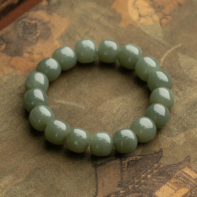 Xianyuan Hetian Jade Single Wrap Beaded Bracelet Unisex Green Jade-2