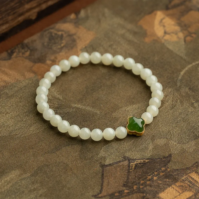Xianyuan Single Wrap, Beaded Bracelet Pale Greenish White Jade Unisex-1