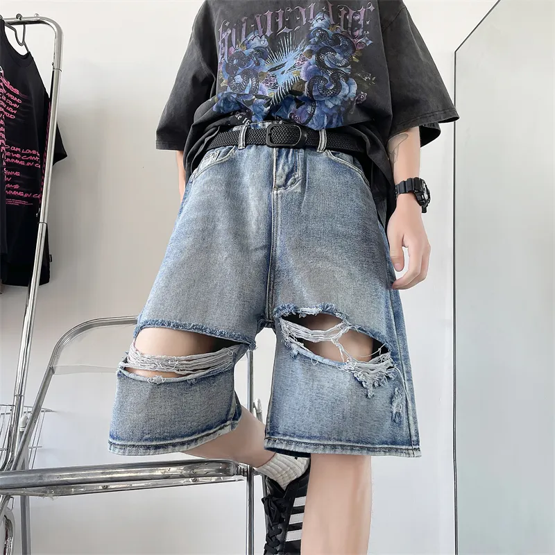 THREEAGAINTHR33 Denim Shorts Unisex Blue-3