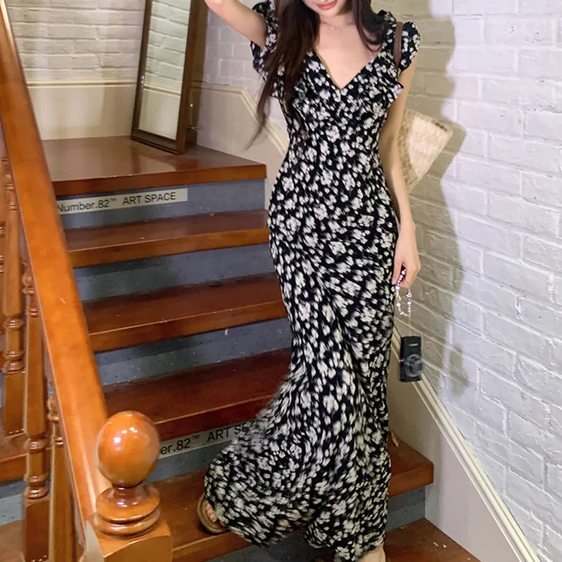 Vine Color Sleeveless Dress Women's Black-10
