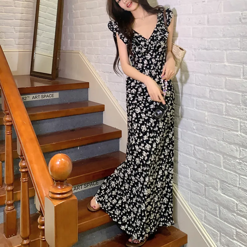 Vine Color Sleeveless Dress Women's Black-8