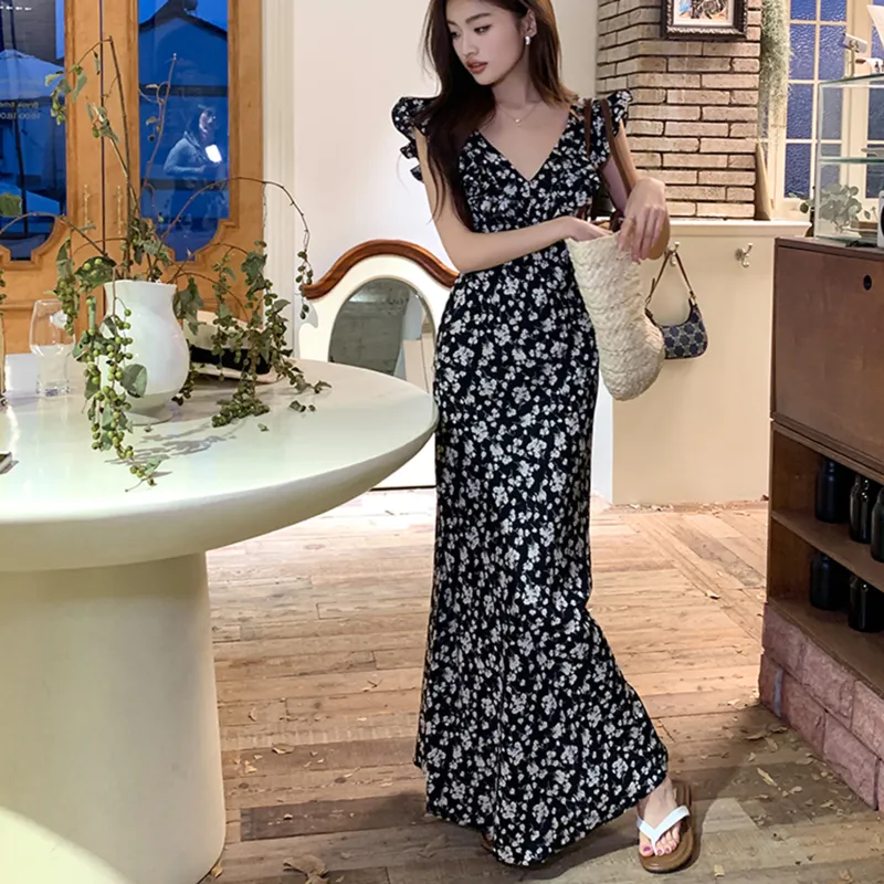 Vine Color Sleeveless Dress Women's Black-9