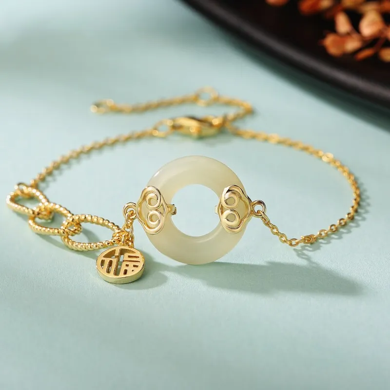 Liuzhen Hall Hetian Jade 925 Sterling Silver Hetian Jade Bracelets Unisex Pale Greenish White Jade-1