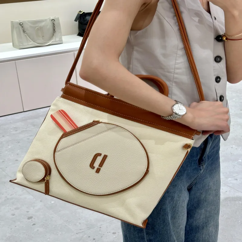 PECO UNI Series Canvas With Leather Shoulder Bag, Crossbody Bag, Handbag Tubas Unisex Khaki/Apricot Patchwork-4