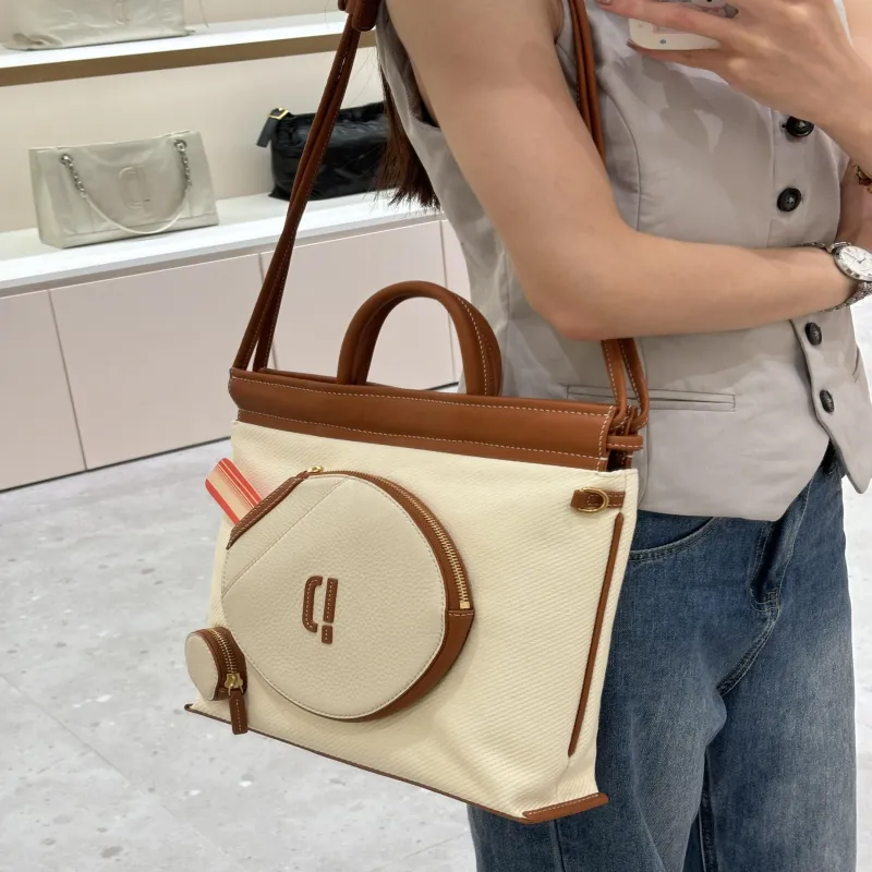 PECO UNI Series Canvas With Leather Shoulder Bag, Crossbody Bag, Handbag Tubas Unisex Khaki/Apricot Patchwork-5