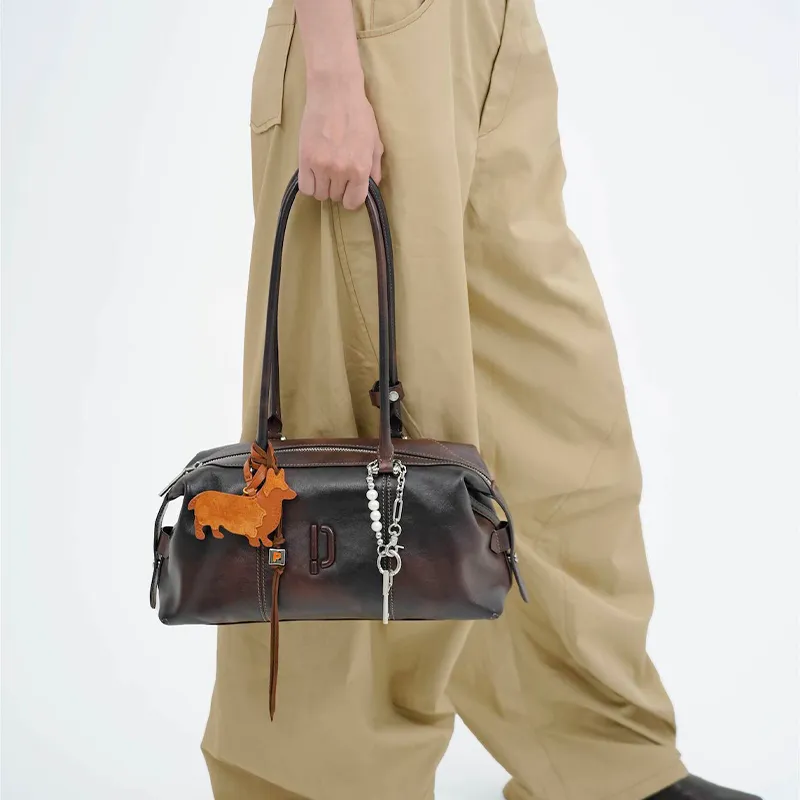 PECO Cow Leather Long Handle Portable One Shoulder Bag Women's Multicolor-11