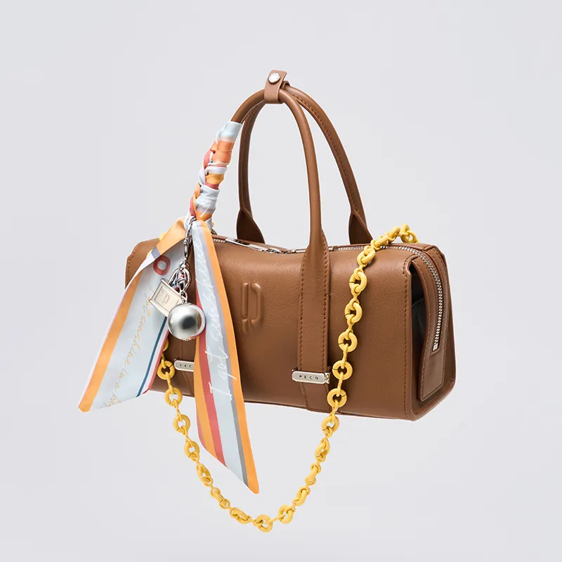 PECO Cow Leather Handbag, Boston Bag Women's Mocha/Purple Gold-5