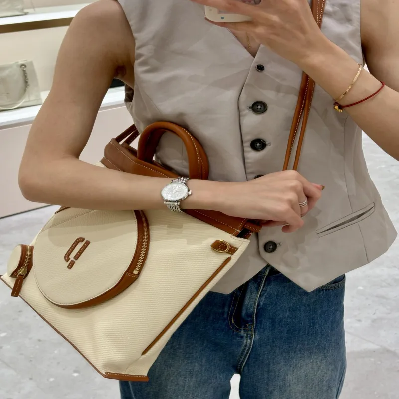 PECO UNI Series Canvas With Leather Shoulder Bag, Crossbody Bag, Handbag Tubas Unisex Khaki/Apricot Patchwork-3