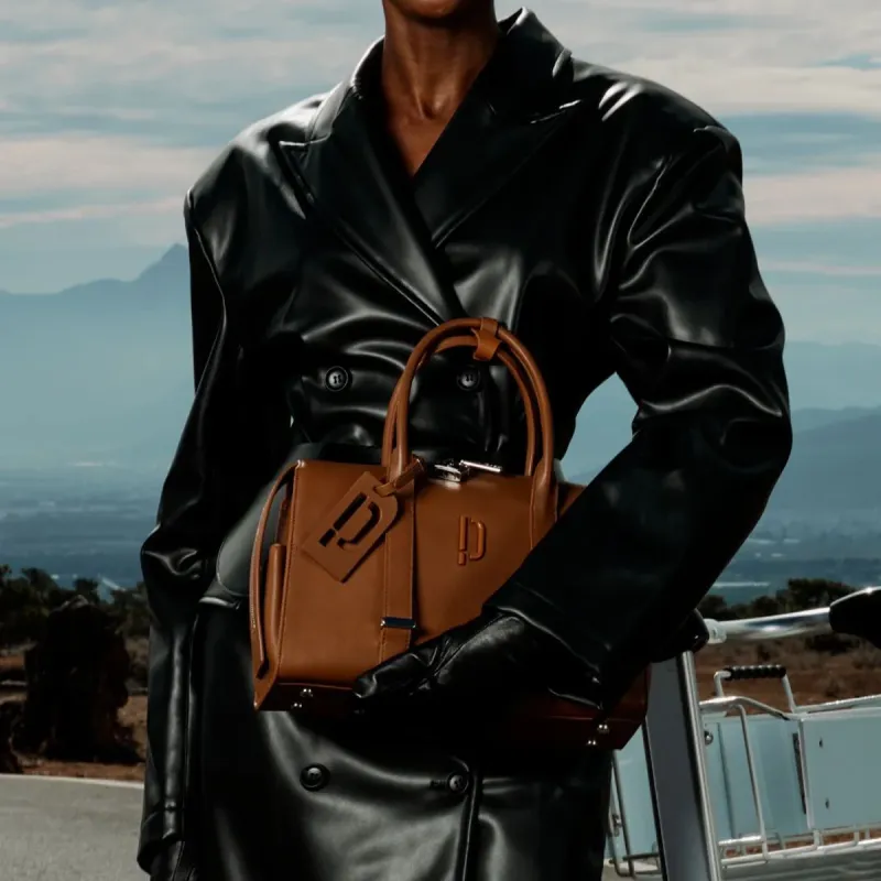 PECO Cow Leather Handbag, Bowling Bag Unisex Black/Brown-8