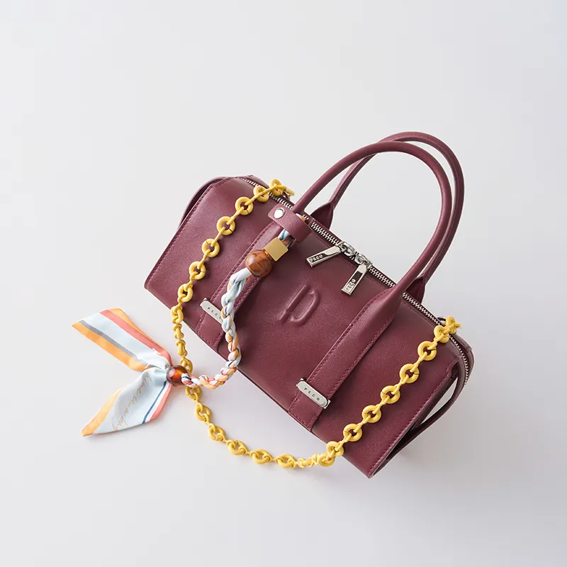 PECO Cow Leather Handbag, Boston Bag Women's Mocha/Purple Gold-10