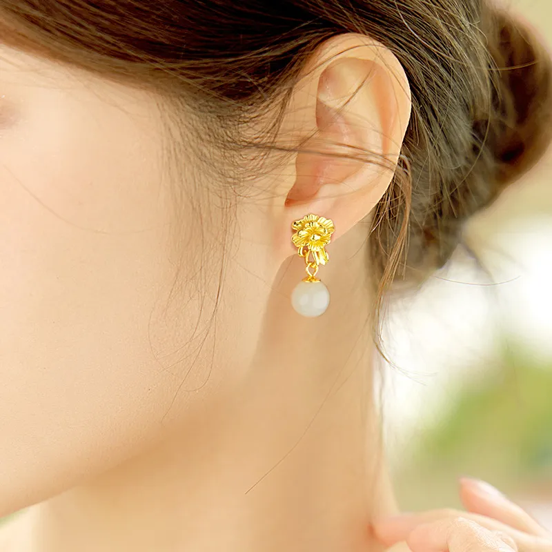 Central Fashion Hetian Jade Earrings Pale Greenish White Jade Women's-4