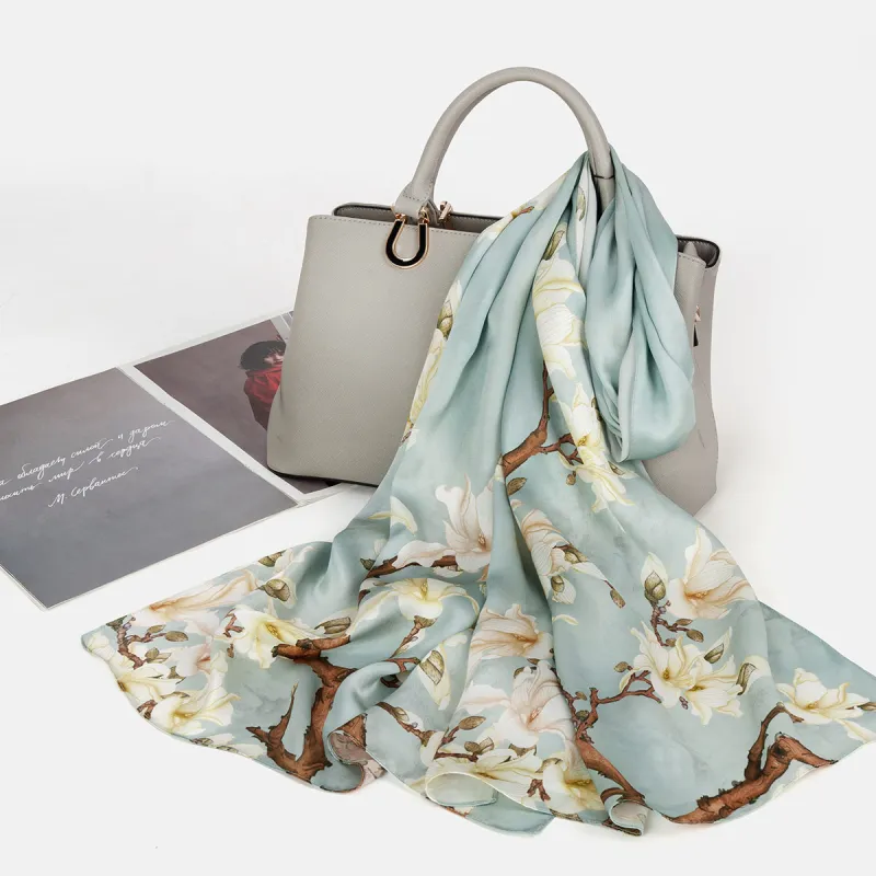 Shanghai Story 100% Mulberry Silk Scarves Women's Lotus Charm, Light Green, Gift Box Set-30