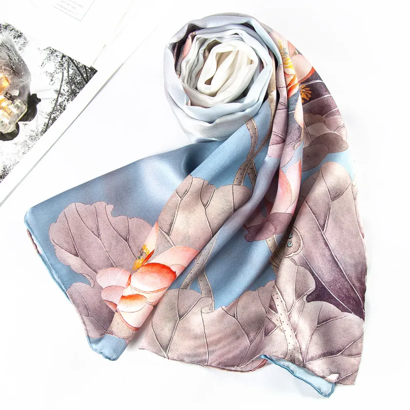 Shanghai Story 100% Mulberry Silk Scarves Women's Lotus Charm, Light Green, Gift Box Set-5