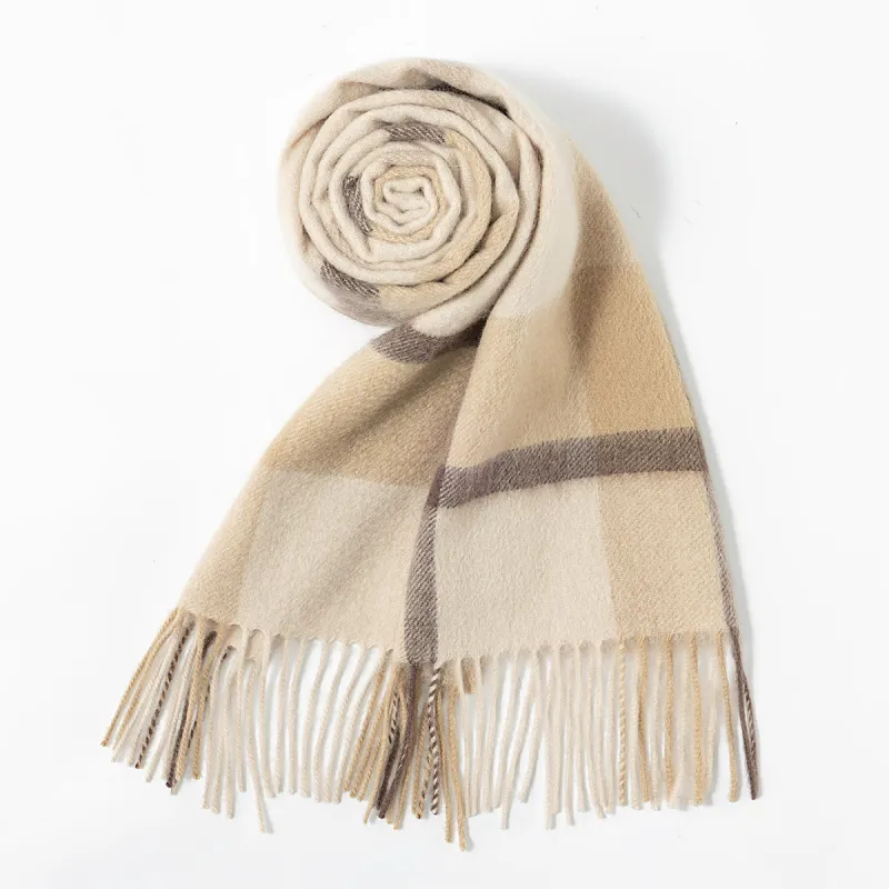 Shanghai Story 100% Cashmere Knit Scarves Unisex Beige And Orange Check Gift Box Set-48