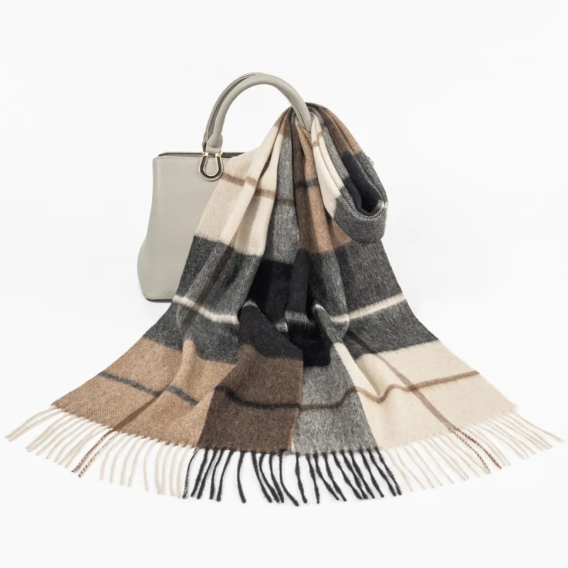 Shanghai Story 100% Cashmere Knit Scarves Unisex Beige And Orange Check Gift Box Set-91