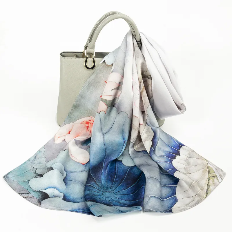 Shanghai Story 100% Mulberry Silk Scarves Women's Lotus Charm, Light Green, Gift Box Set-18