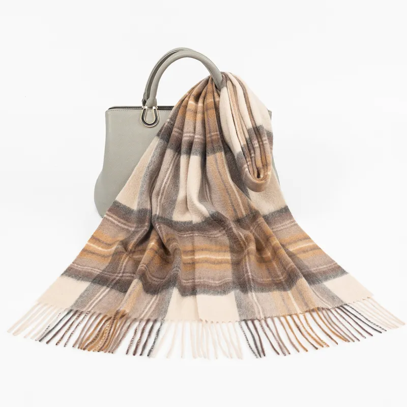 Shanghai Story 100% Cashmere Knit Scarves Unisex Beige And Orange Check Gift Box Set-75