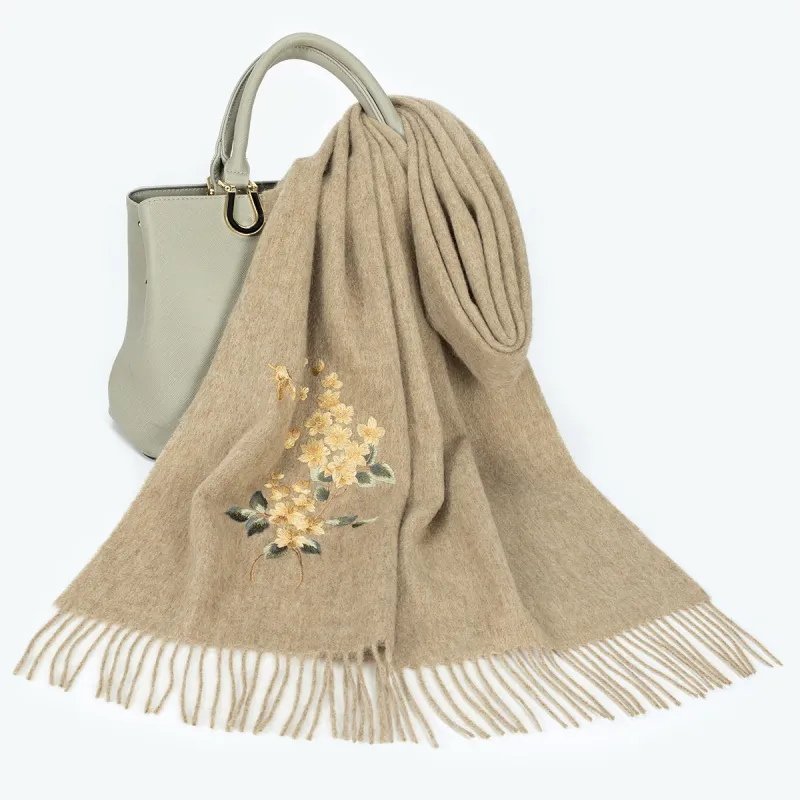 Shanghai Story 100% Sheep Wool Knit Scarves Women's Butterfly Arrives, Khaki-2