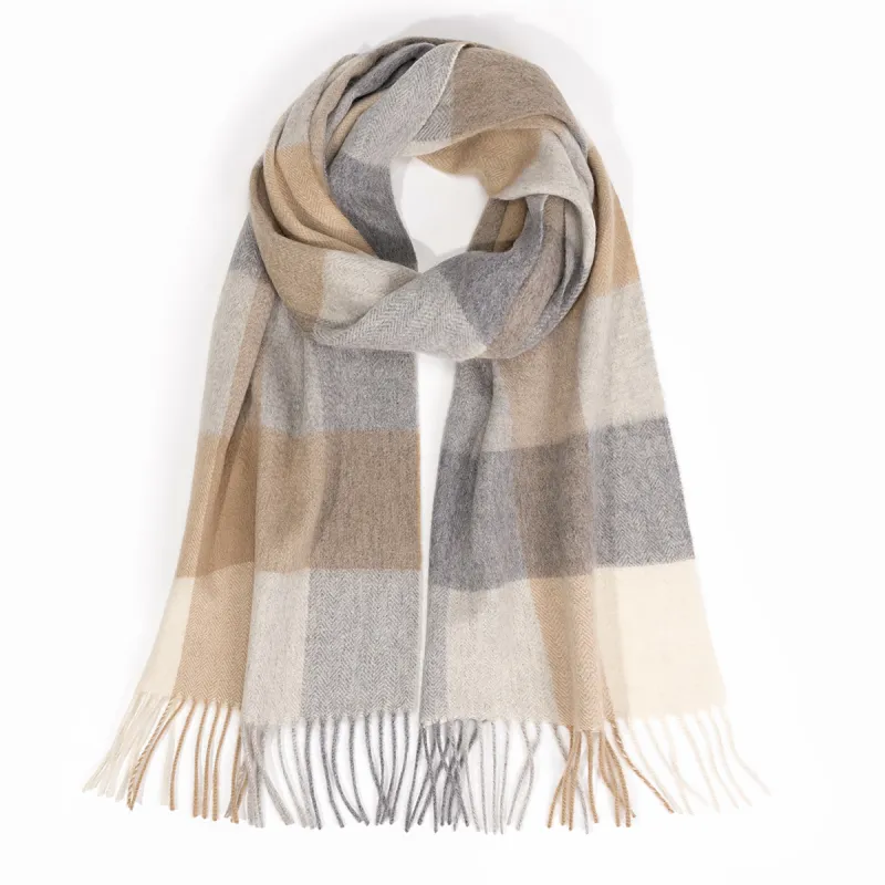 Shanghai Story 100% Cashmere Knit Scarves Unisex Beige And Orange Check Gift Box Set-65