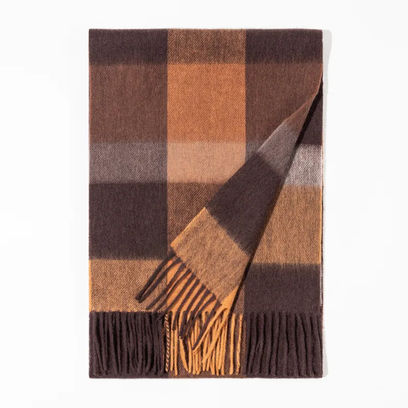 Shanghai Story 100% Cashmere Knit Scarves Unisex Beige And Orange Check Gift Box Set-80