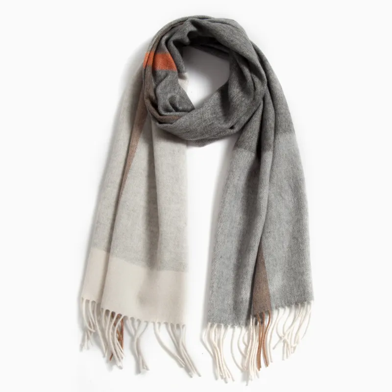 Shanghai Story 100% Cashmere Knit Scarves Unisex Beige And Orange Check Gift Box Set-36