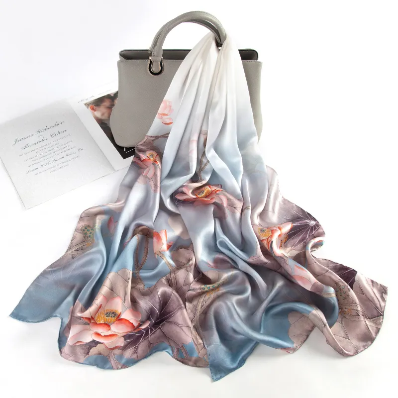 Shanghai Story 100% Mulberry Silk Scarves Women's Lotus Charm, Light Green, Gift Box Set-6