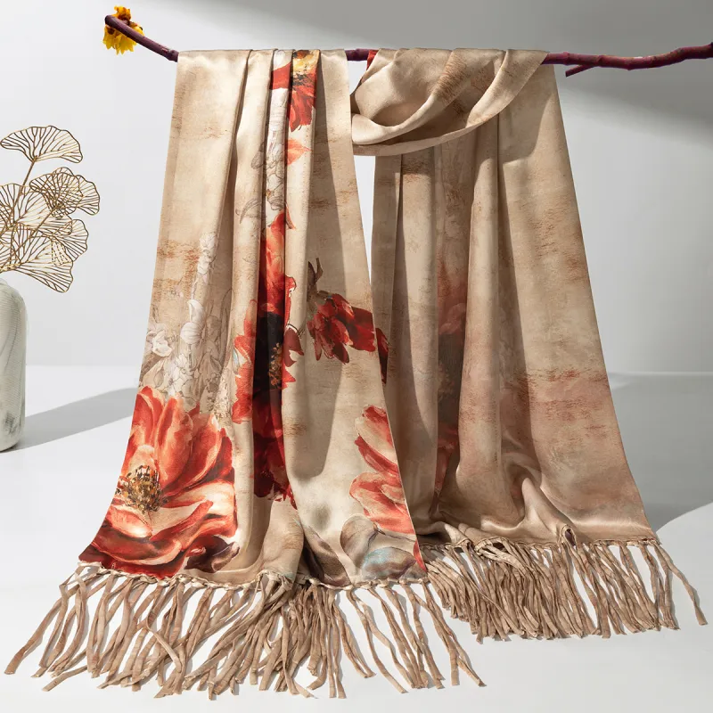 Shanghai Story 100% Mulberry Silk Scarves Women's Luxurious Bloom, Gray Coffee-7