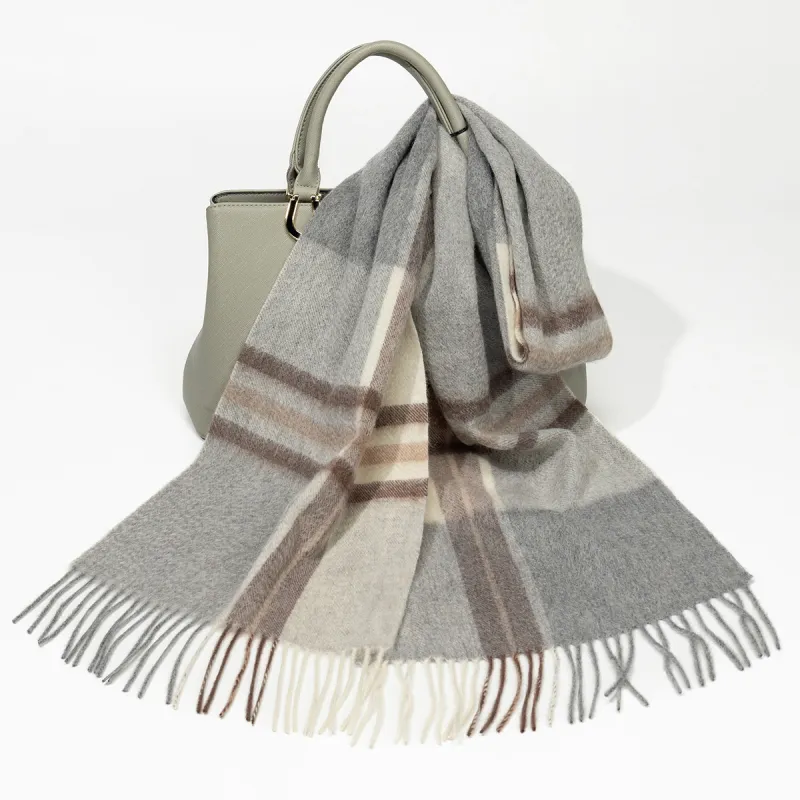 Shanghai Story 100% Cashmere Knit Scarves Unisex Beige And Orange Check Gift Box Set-53