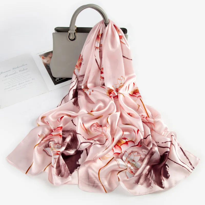 Shanghai Story 100% Mulberry Silk Scarves Women's Lotus Charm, Light Green, Gift Box Set-56